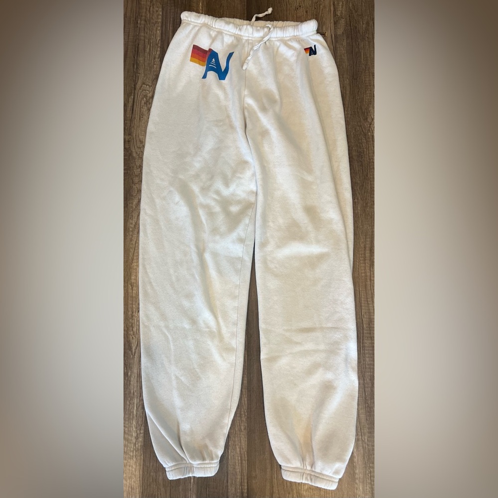 Aviator nation white Sweatpants with Rainbow and Blue Logo EUC Large - Picture 3 of 5